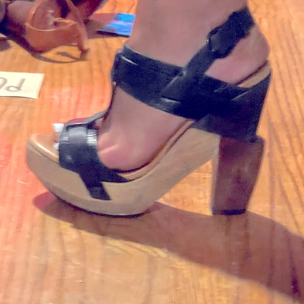 All saints wooden wedge black leather